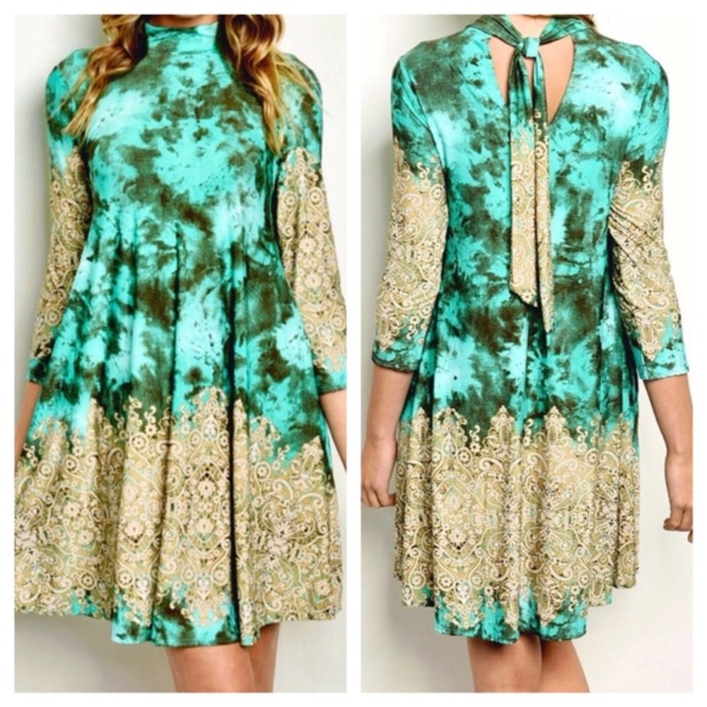 TURQUOISE AND TAN 3/4 LENGTH SLEEVES SLIP-TUNIC TANK NEW‎